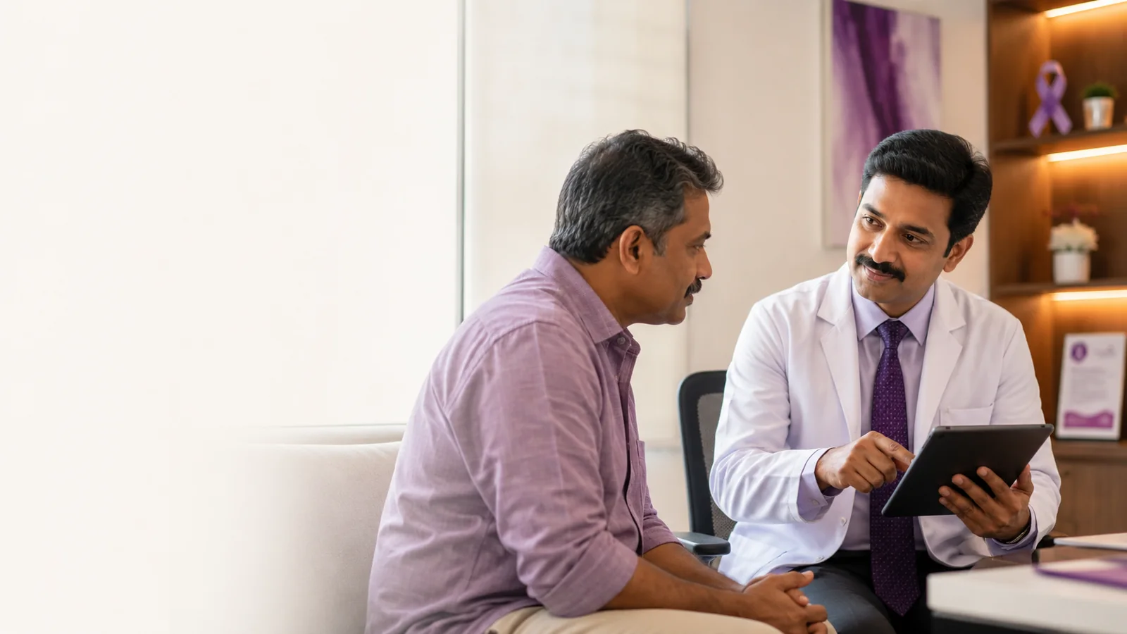 An anal cancer specialist at CION Cancer Clinics reviewing a patient's report during a private, free consultation in Hyderabad