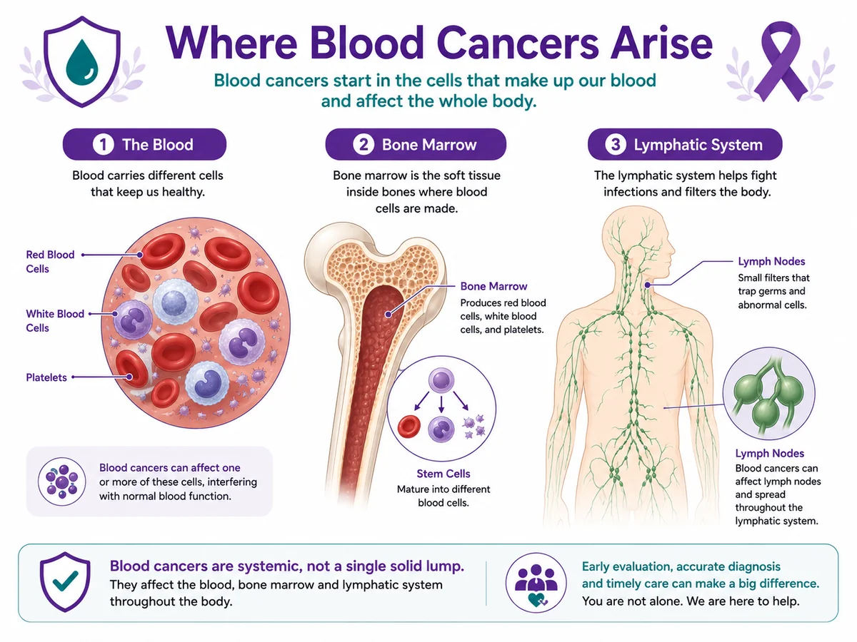 Where blood cancers arise — the blood cells, bone marrow and lymphatic system