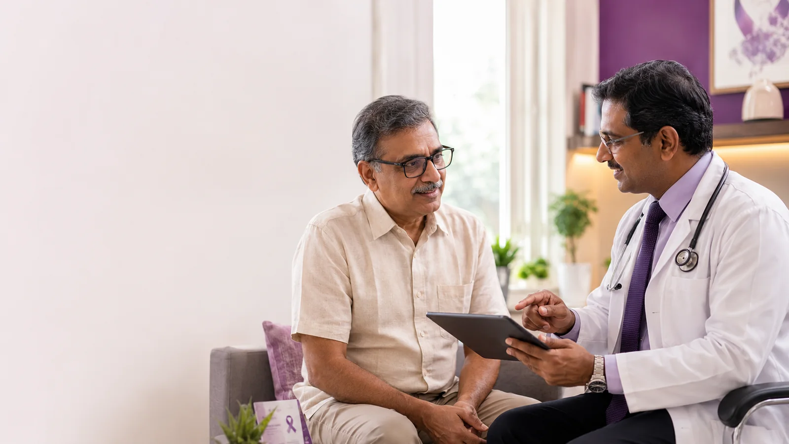 A GI cancer specialist at CION Cancer Clinics reviewing a patient's scans during a free consultation in Hyderabad