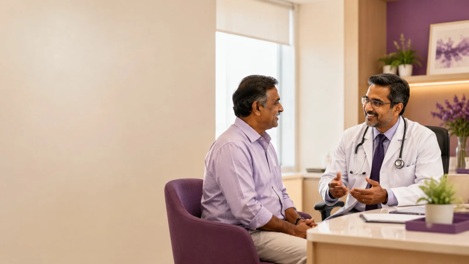 An oncologist at CION Cancer Clinics talking with a patient during a free lung cancer consultation in Hyderabad