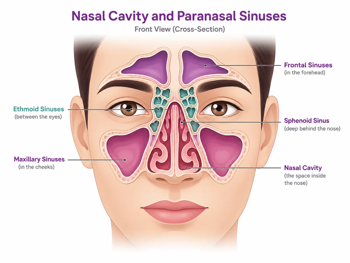 Nasal cavity and paranasal sinus anatomy — frontal, maxillary, ethmoid and sphenoid sinuses