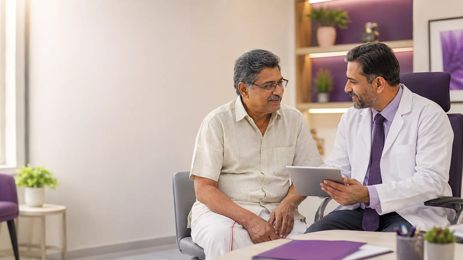 A head and neck oncology specialist at CION Cancer Clinics reviewing a patient's scan during a free consultation in Hyderabad