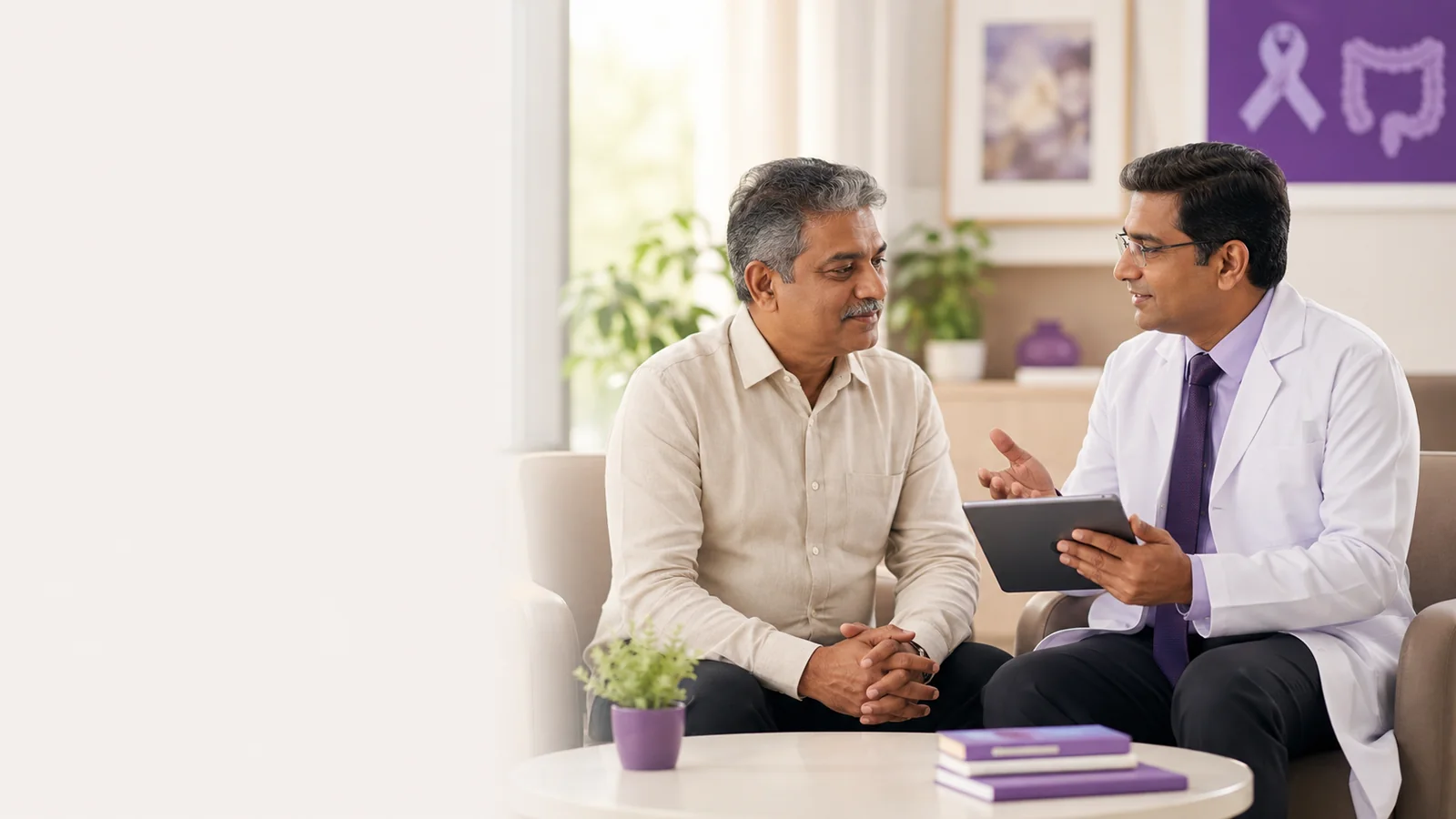 A rectal cancer specialist at CION Cancer Clinics reviewing a patient's report during a free consultation in Hyderabad