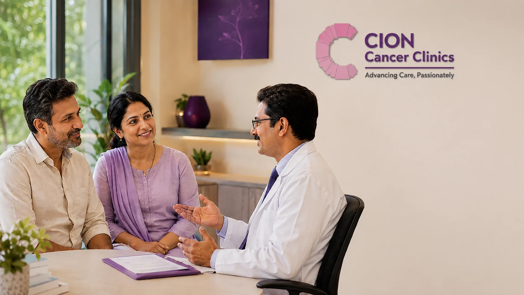 A haematologist explaining bone marrow transplant options to a patient and family during a free consultation at CION Cancer Clinics, Hyderabad
