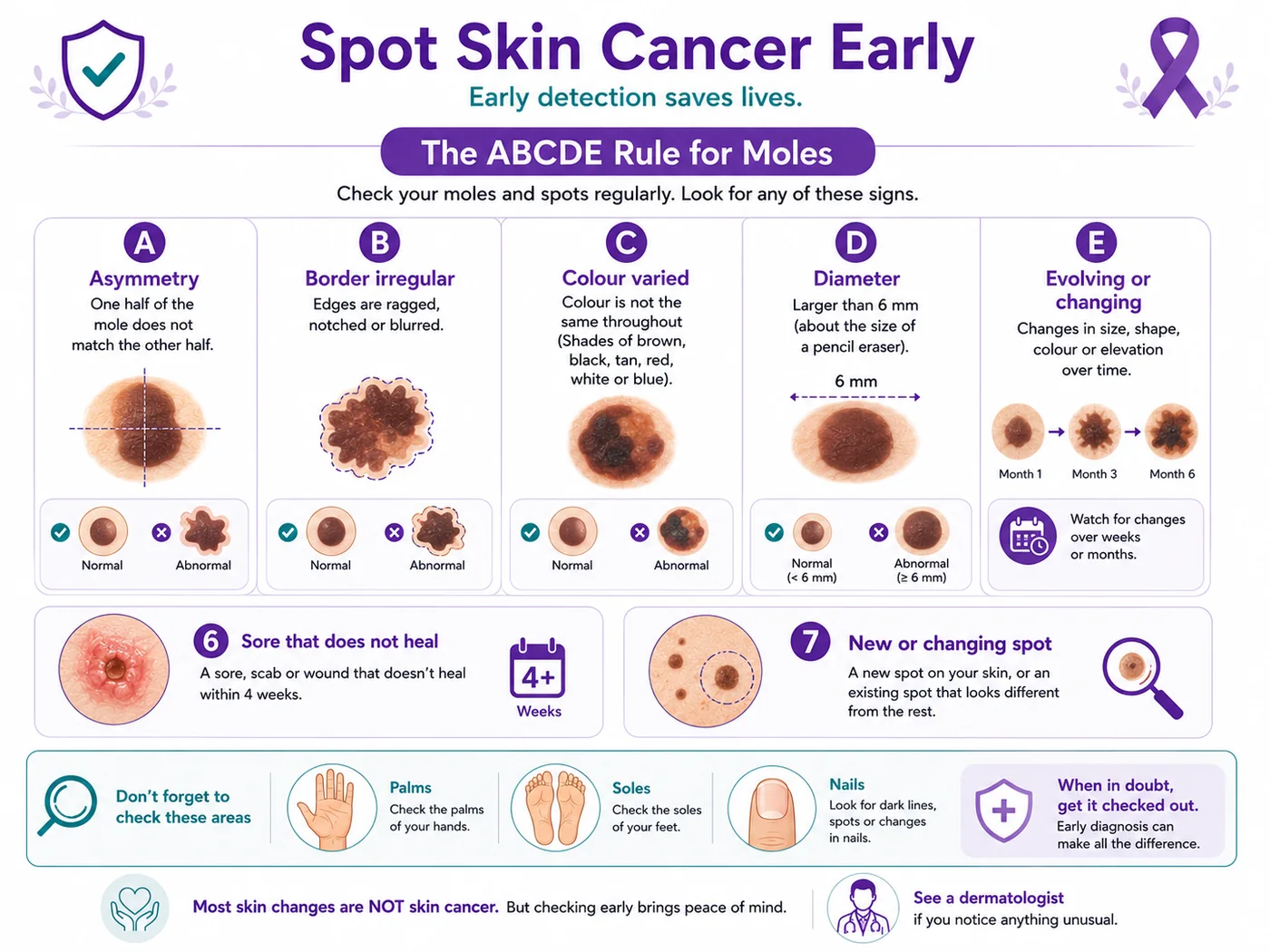How to spot skin cancer early - the ABCDE rule for moles, a sore that won't heal, and checking palms, soles and nails